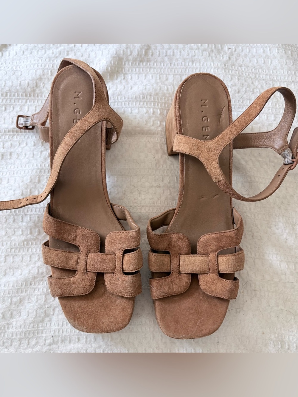 M. Gemi Tan Suede Strappy Block Heel Sandals Size 39 1/2